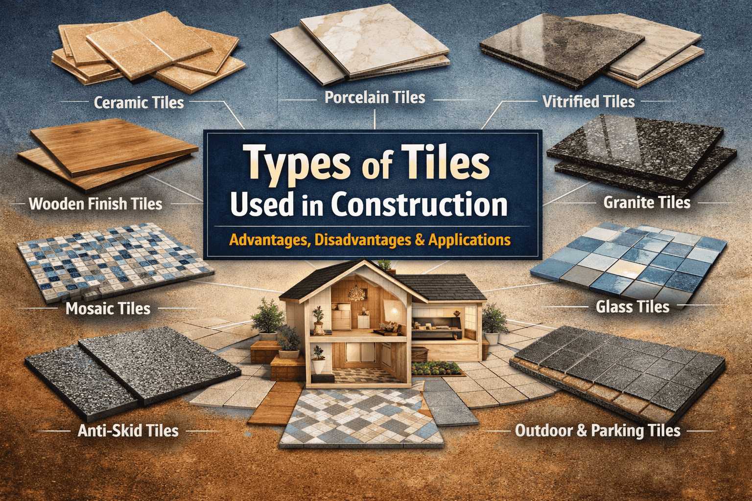 Types of tiles used in construction showing ceramic, porcelain, vitrified, marble, granite, mosaic, glass, anti-skid and outdoor tiles with their applications